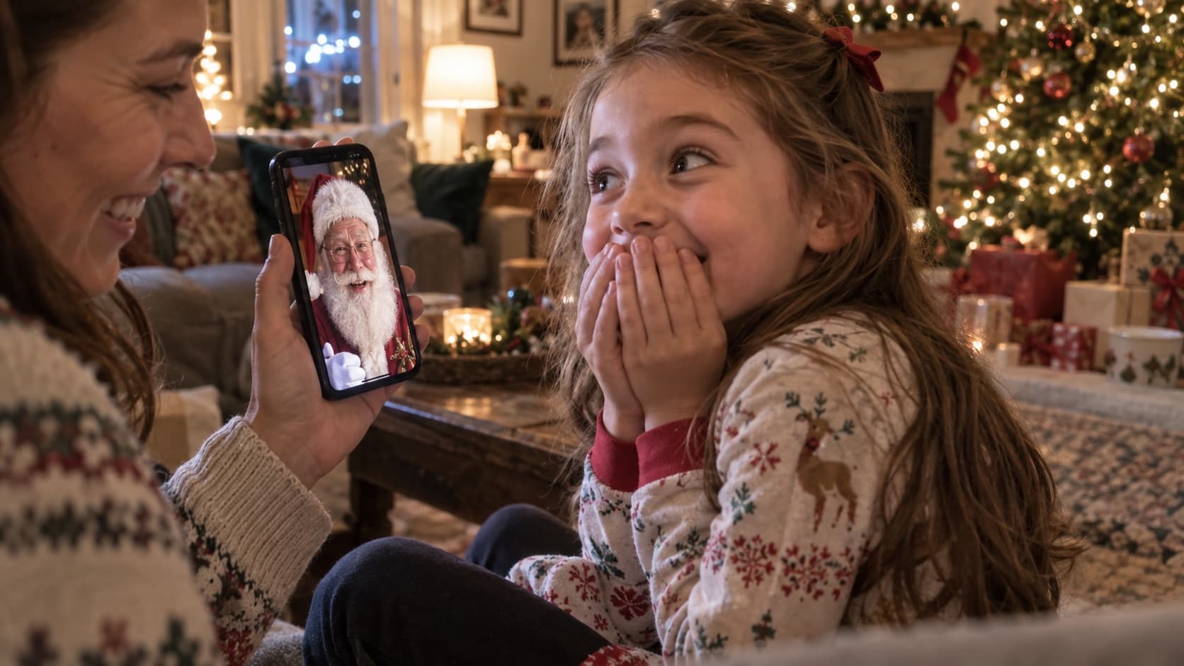 Excited child watching Santa on a parent’s phone
