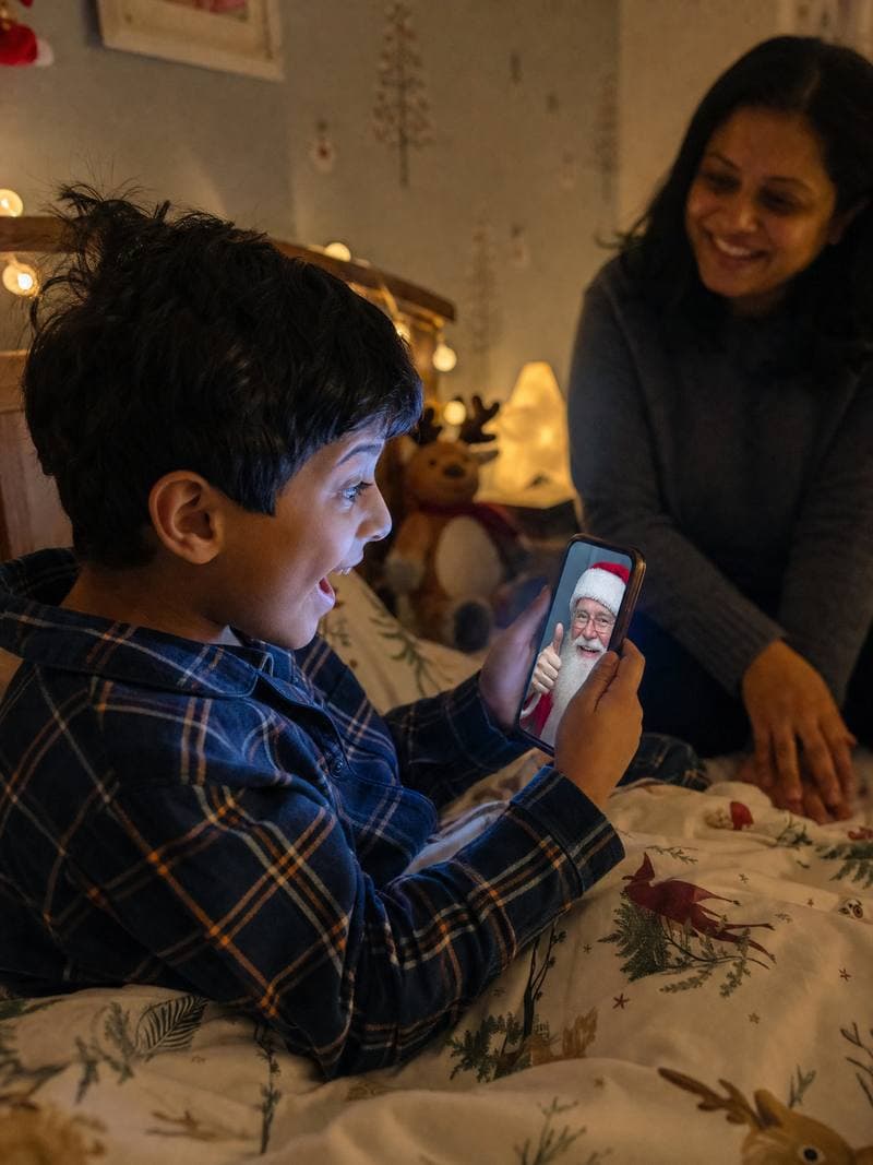 Boy in bed amazed by a Santa video while his mum smiles