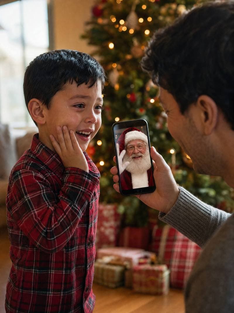 Boy with a happy tear as his dad shows him Santa by the tree