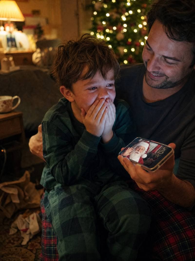 Boy with hands over his mouth as Santa speaks on his dad’s phone