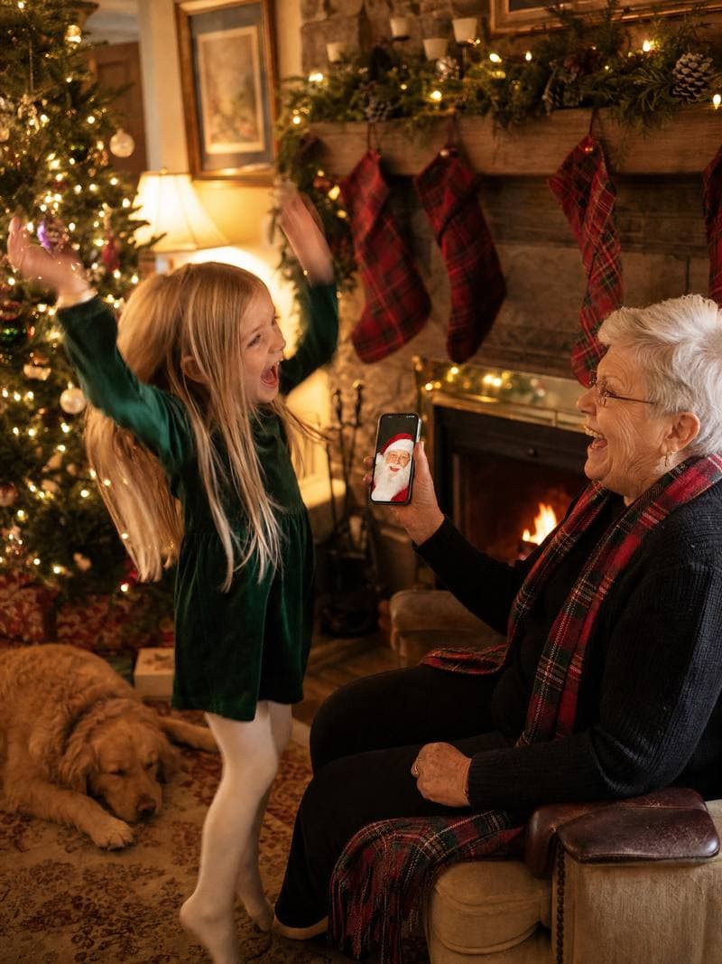 Girl jumping for joy by the fireplace while grandma plays a Santa video