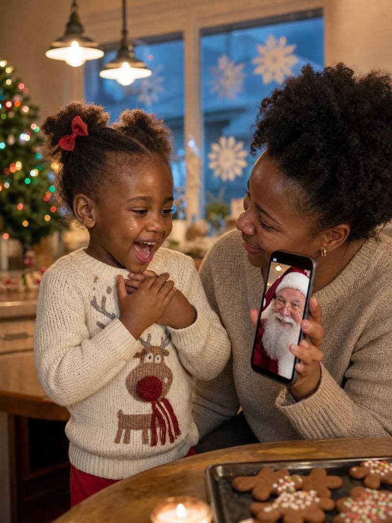 Little girl with happy tears watching Santa on her mum’s phone