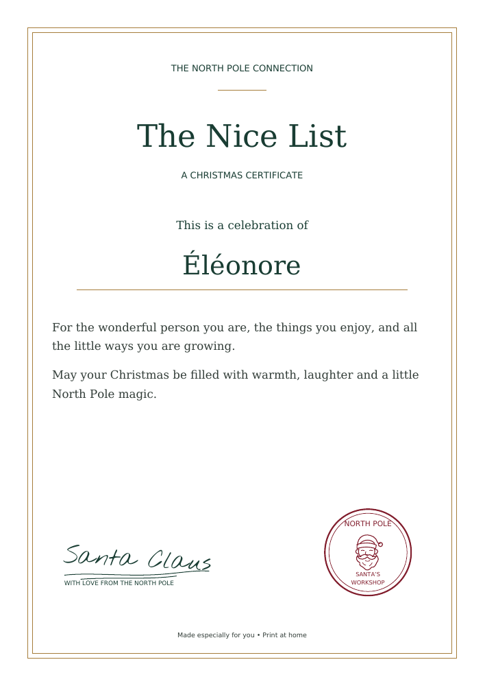 Sample Nice List certificate